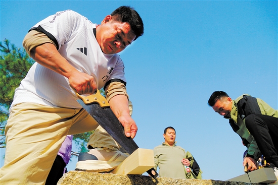 男子鋸木頭比賽需要選手有很大的力氣。