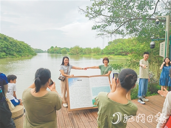 游客紛紛與“鳥的天堂”合影。