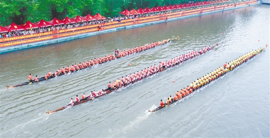 在新會(huì)舉辦的廣東省第七屆傳統(tǒng)龍舟“大有杯”爭霸賽中，3條龍舟如離弦之箭沖向終點(diǎn)。周華東