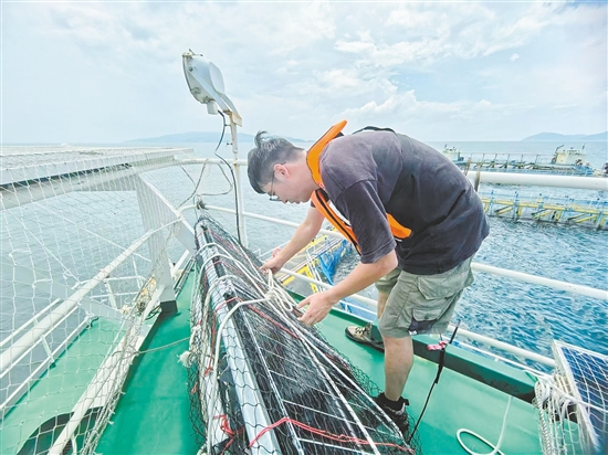 工作人員對“臺(tái)山1號”的太陽能板進(jìn)行加固。