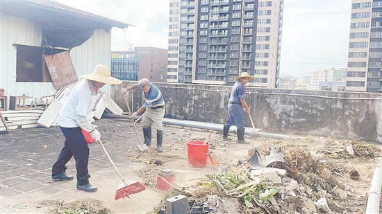 石田村“銀發(fā)行動隊”隊員在清理房頂垃圾。諶磊