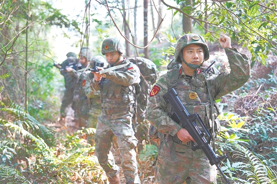鶴山市人武部組織隊(duì)員在林地模擬實(shí)戰(zhàn)訓(xùn)練。
