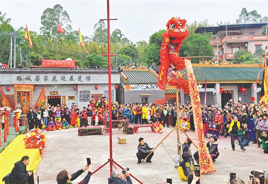 “小官田花炮會(huì)”現(xiàn)場(chǎng)精彩的鶴山獅藝表演吸引眾人圍觀。