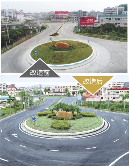 海宴鎮(zhèn)入口通道改造后，道路拓寬平整、綠化景觀升級、環(huán)島標(biāo)識醒目，通行效率與顏值雙提升。