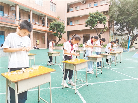 三、四年級舉行剝蒜比賽，小選手們捏松蒜衣，一點點撕去外皮，雪白飽滿的蒜瓣紛紛現(xiàn)身。